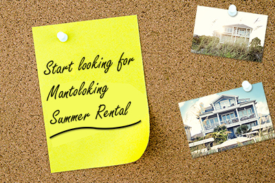 Mantoloking summer rental, Corkboard with sticky note with reminder to start looking for Mantoloking summer rental and 2 pictures of houses