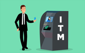 Cartoon man holding a card in his hand smiling at a teller on the screen of an ITM supplied by an ITM company in NJ